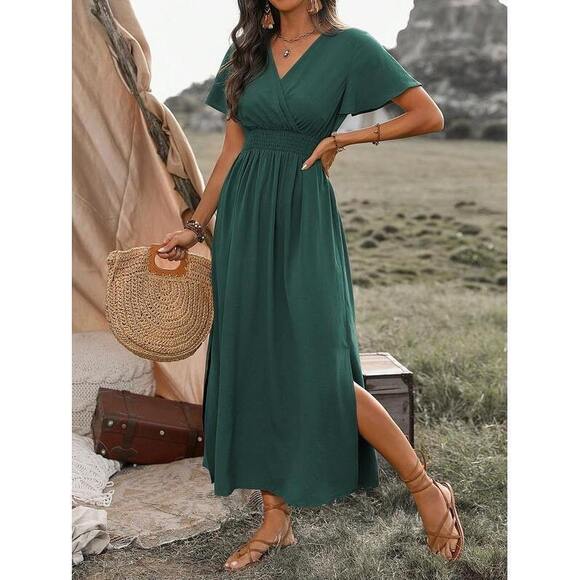 Dresses & Skirts - Wandoria Dark Green V-Neck Slit Maxi Dress, Boho
